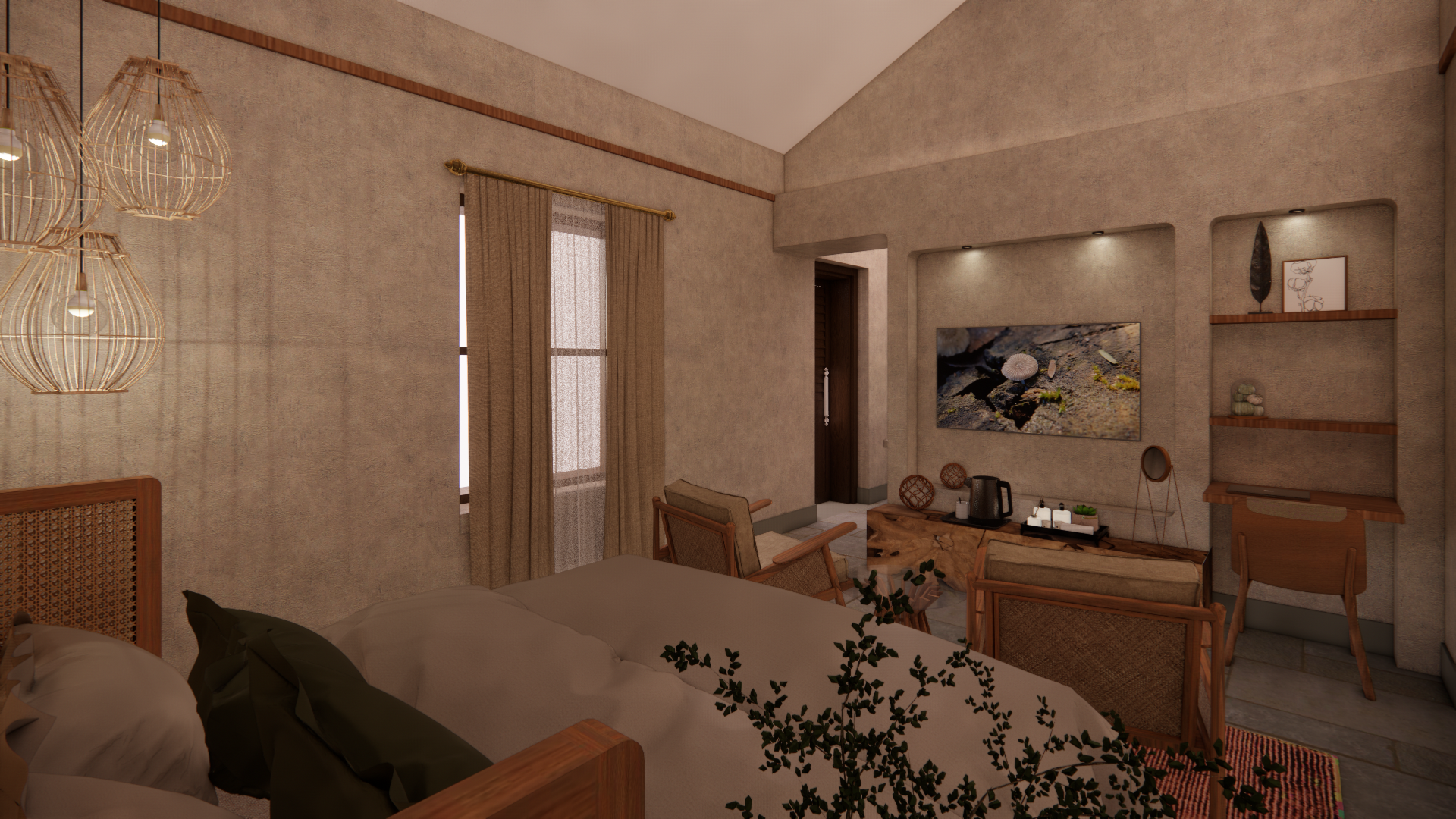 Living room with beige textured walls, a bed with dark pillows, a wooden side table, two armchairs with wooden frames, a wall-mounted TV, shelves with decor, a window with curtains, and a pendant light fixture.