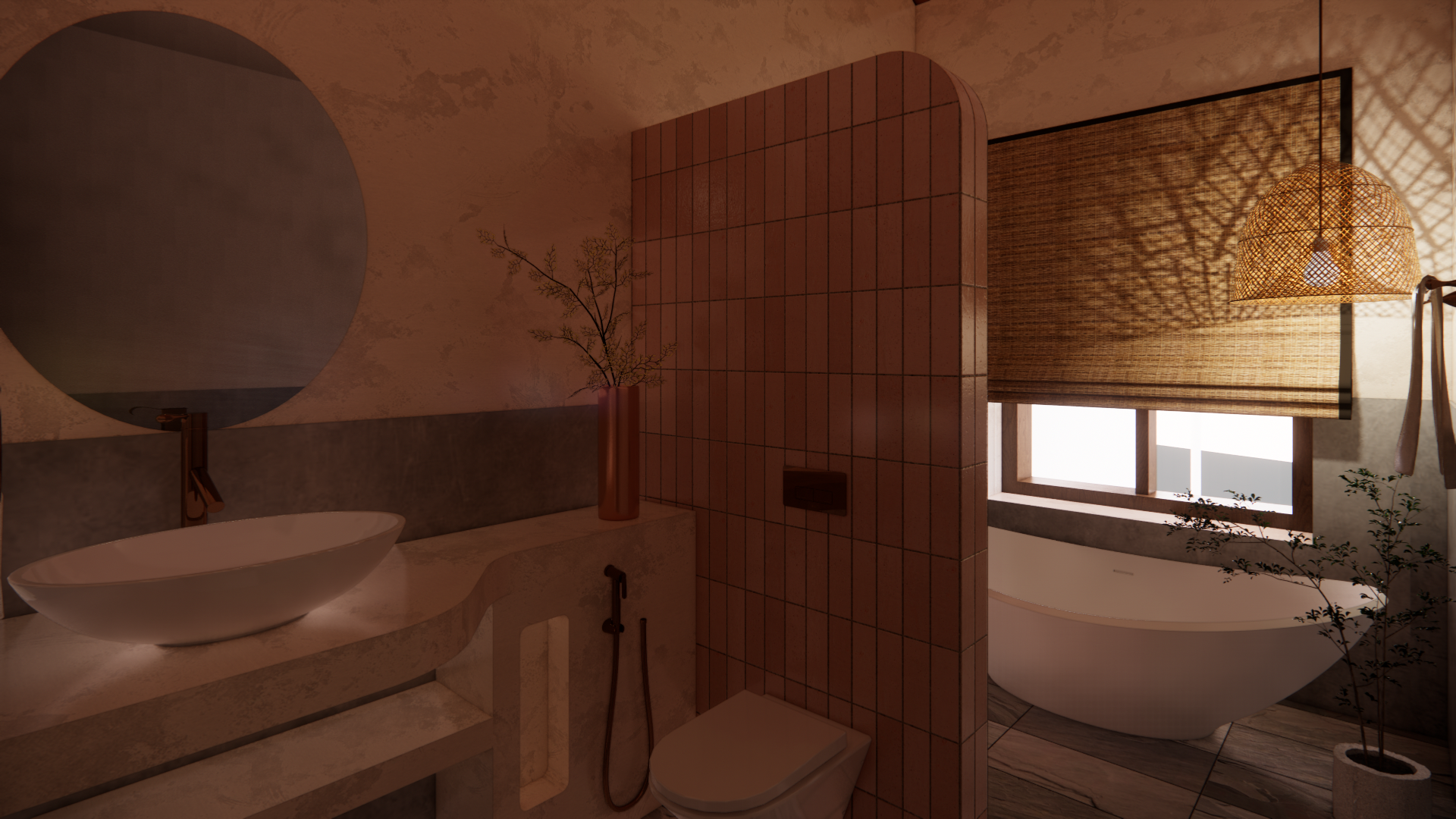 Modern bathroom with a vessel sink, large round mirror, a tall vase with a branch, a toilet, a privacy wall with square tiles, a bathtub near a window with bamboo blind, and warm lighting casting shadows.