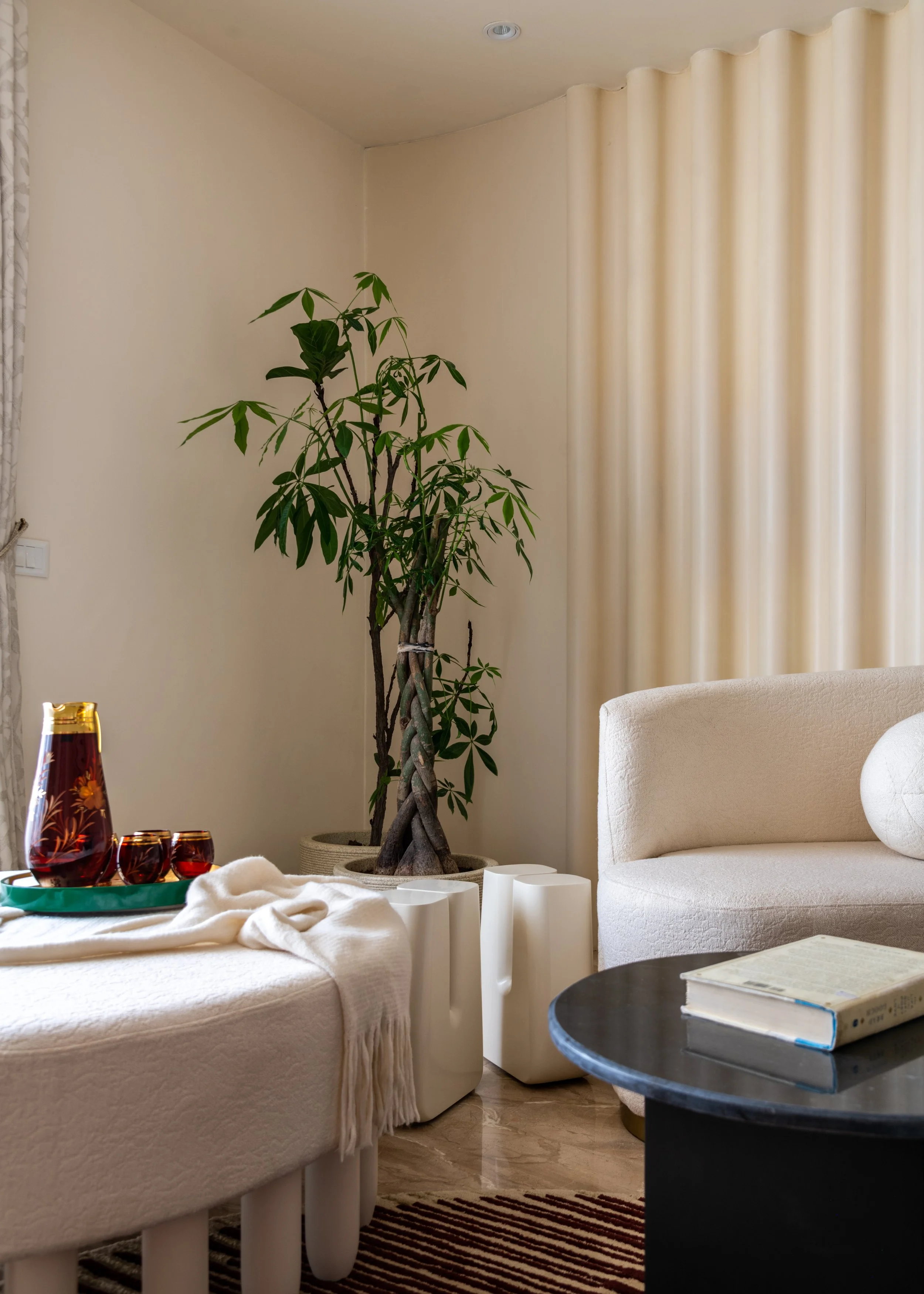 A cozy living room with a large green potted plant next to beige curtains, a white sofa, a black coffee table with a book, and a decorative tray with a red and gold glass pitcher and glasses on a round ottoman covered with a white blanket.