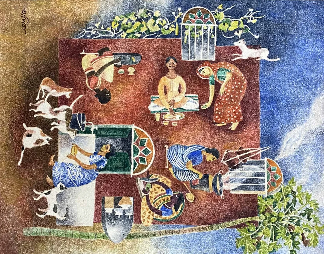 A colorful painting depicting a domestic scene with several women preparing food and working around a traditional stove, with a dog, some goats, and greenery outside a window.