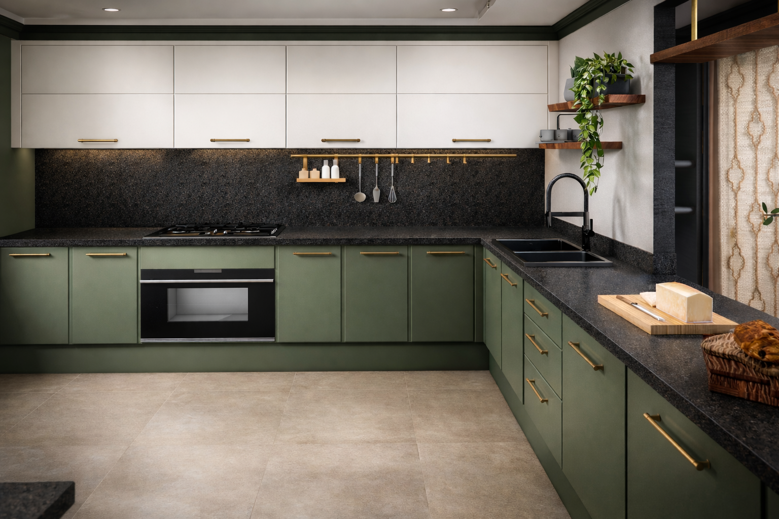 Modern kitchen with white upper cabinets, green lower cabinets, black countertop, black backsplash, and gold handles. Includes a black sink, a built-in oven, a stove, open shelves with potted plants and kitchen items, and a beige patterned curtain on