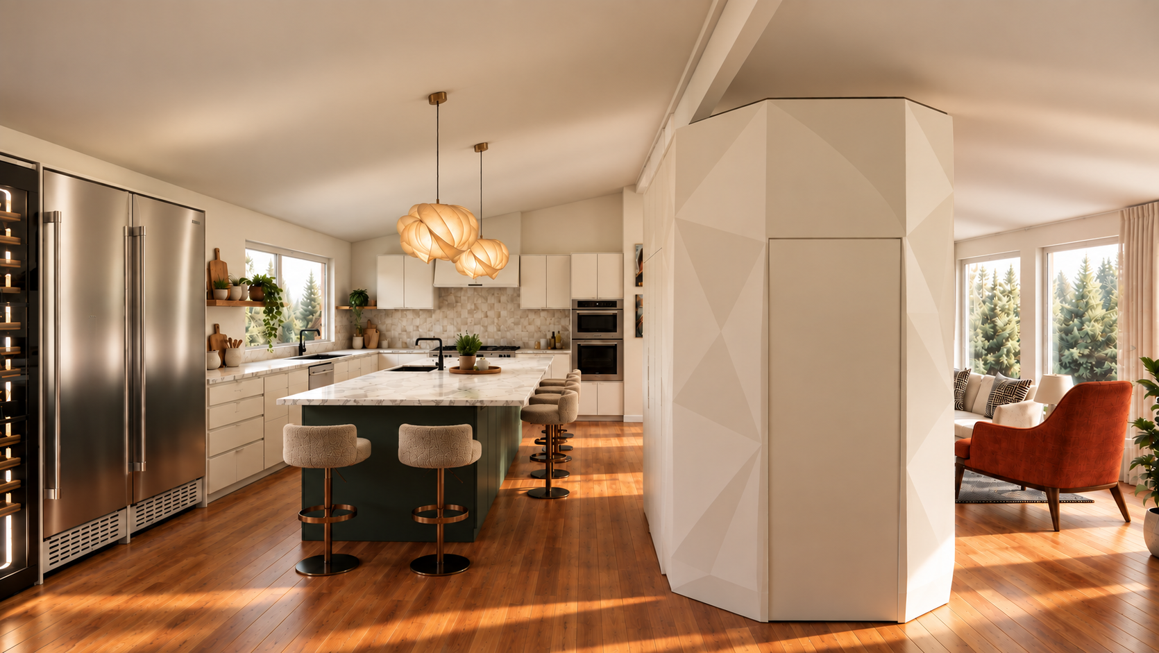 Modern kitchen with white cabinets, marble island, pendant lights, and seating. Adjacent living area with large windows and outdoor view of trees.