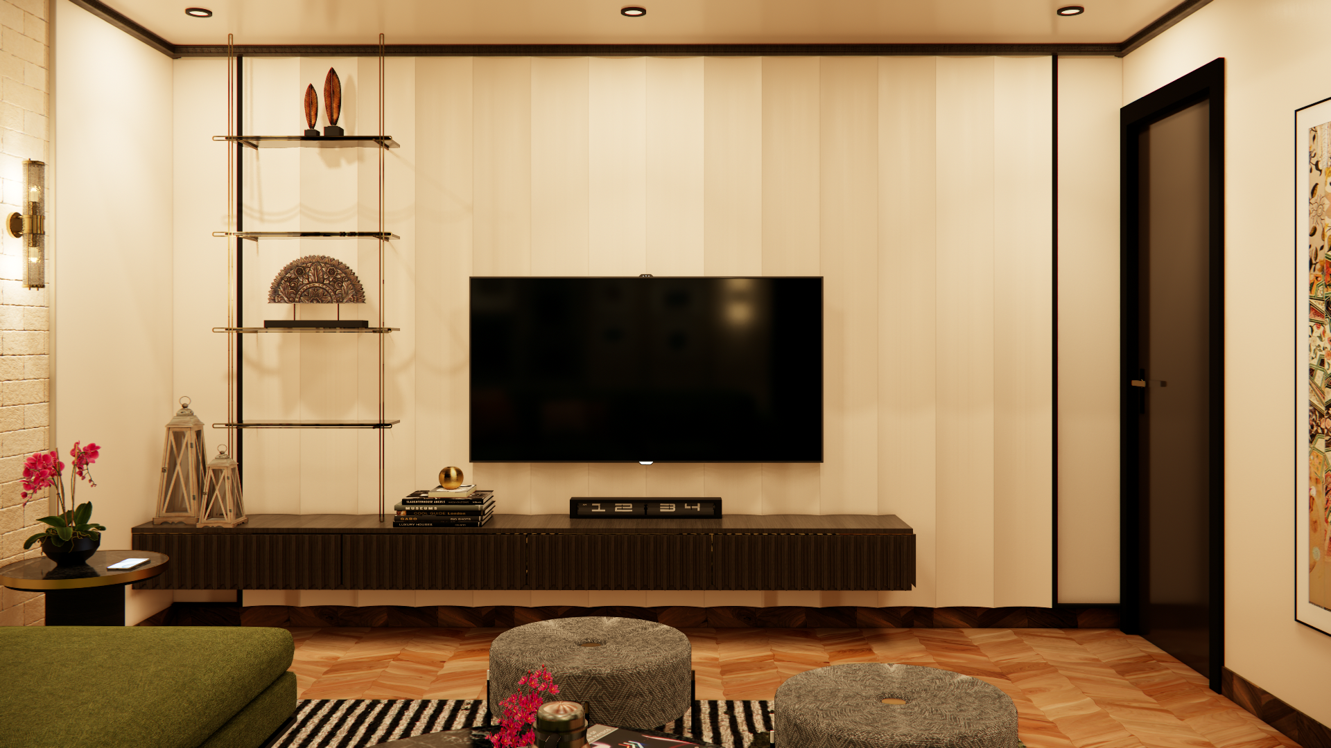 Modern living room with beige striped wall, mounted flat-screen TV, dark wood media console, decorative shelves with artifacts, potted orchid, black and white striped rug, two gray poufs, and a wall sconce on the left