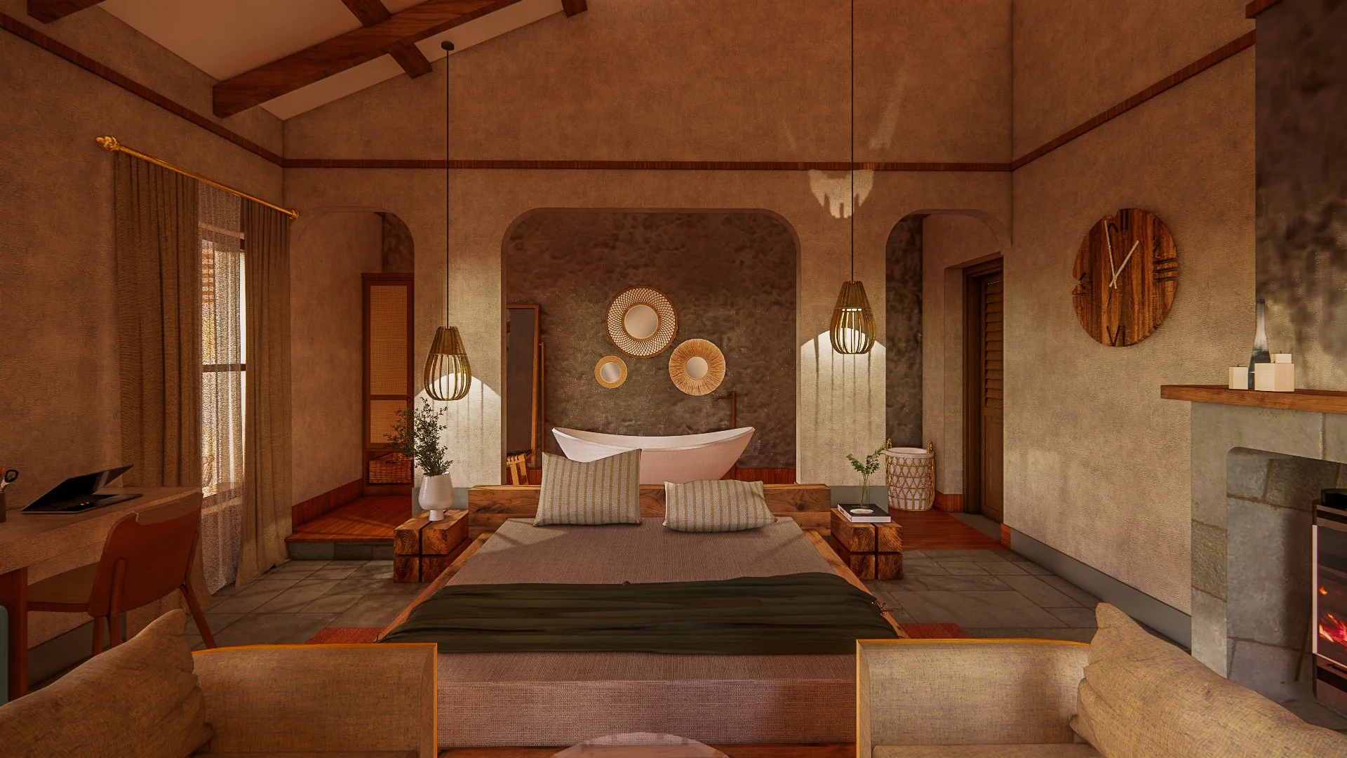 Living room with a bed, a bathtub at the back, and warm lighting, decorated with wall mirrors, a clock, and plants.