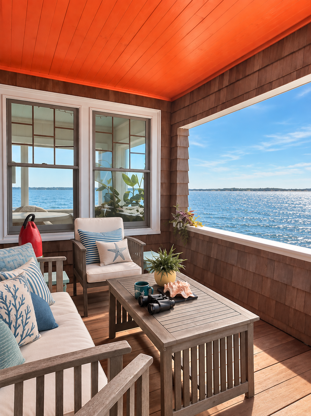 Cozy waterfront porch with wooden furniture, ocean view, and tropical decor.