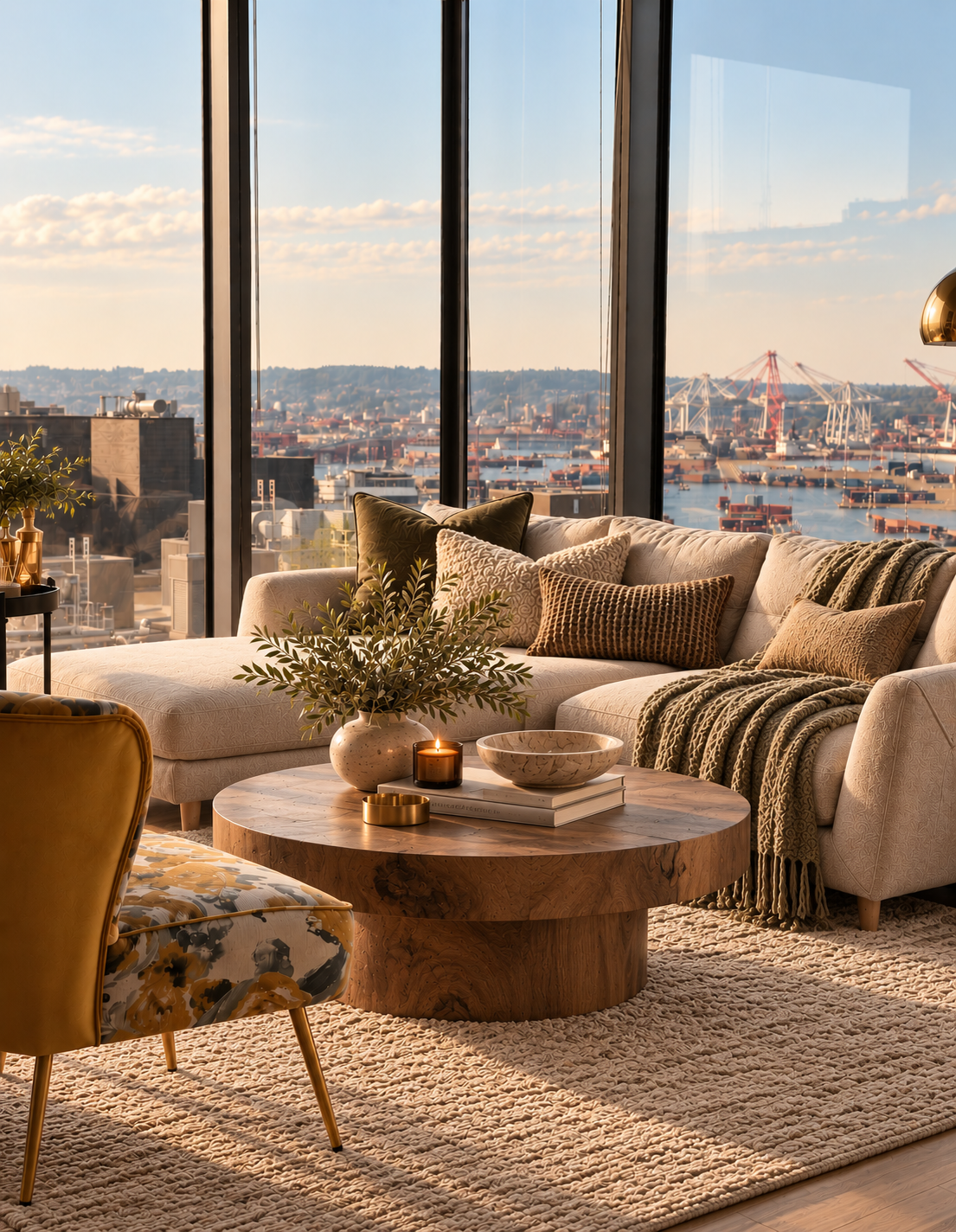 Modern living room with a sectional sofa, decorative pillows, and a round coffee table with a vase of greenery, candle, and bowls, large windows showcase cityscape and harbor view during sunset.