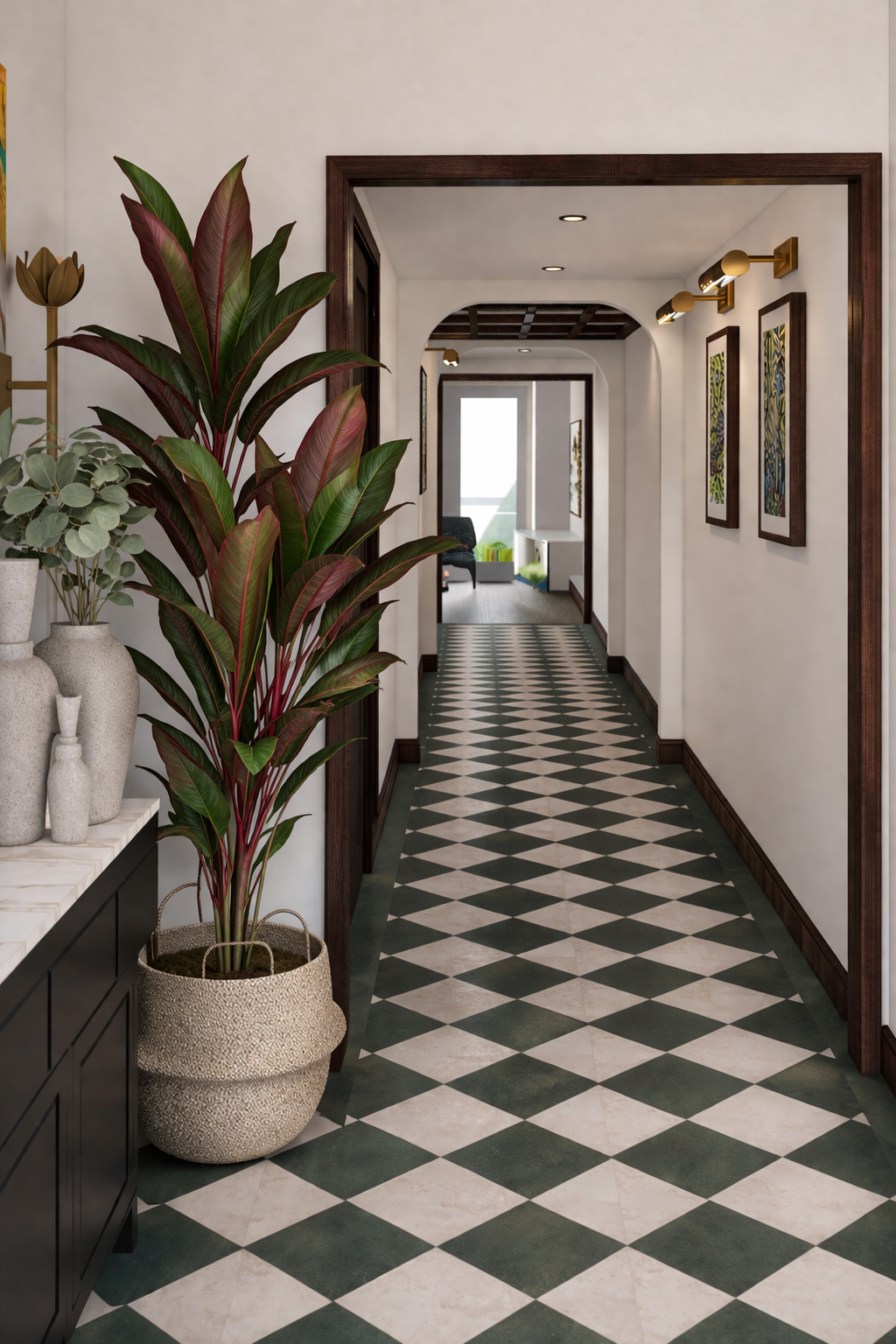 A hallway with checkered black and white floor tiles, framed paintings on white walls, and a large green potted plant near a black cabinet.