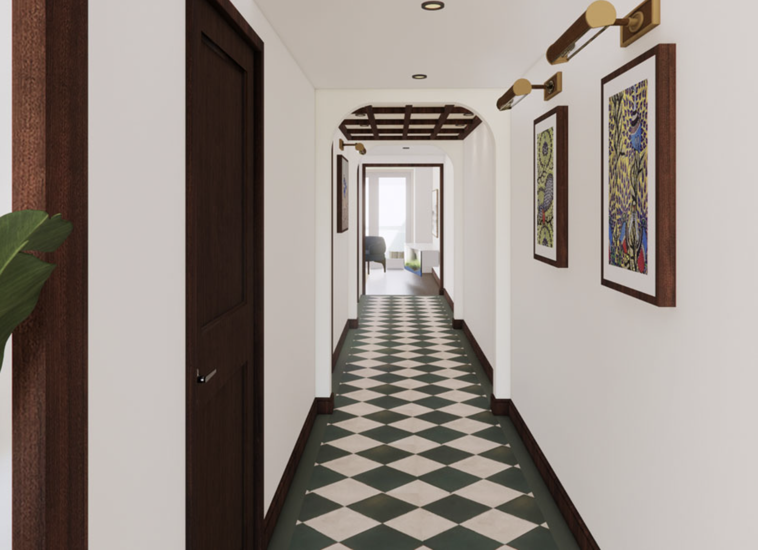 Hallway with patterned tile floor, white walls, wood trim, and framed colorful artwork, leading to a room with a chair and large window.