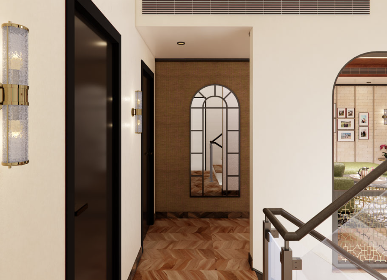 Interior of a modern home with a hallway, a tall mirror with an arched top, and artwork on the walls in the background.