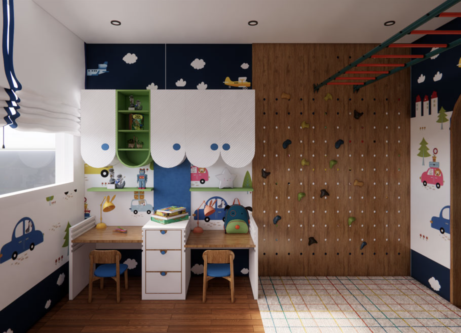 Children's playroom with wall murals of cars, animals, and clouds, a brown rock climbing wall, two small desks with chairs, shelves with toys, and a window with curtains.