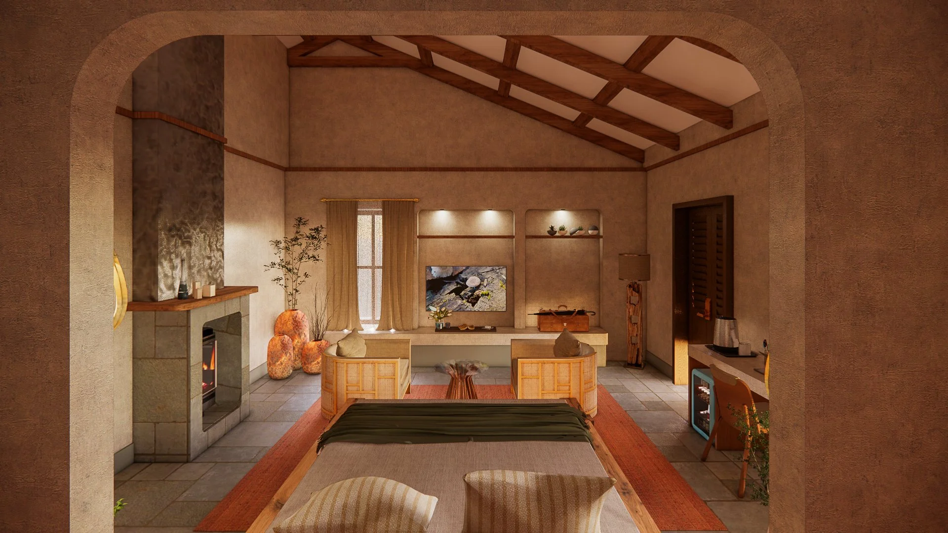A cozy living room with a vaulted ceiling, fireplace, and minimalist decor. There is a bed in the foreground with two pillows, and a seating area with two chairs and a small table. A television is mounted on the wall, with decorative items and plants