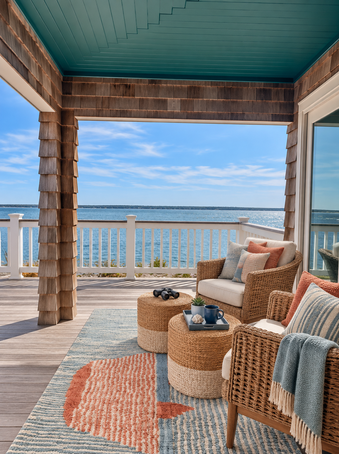 View of a screened porch overlooking a body of water, with patio furniture 