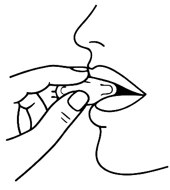 Illustration of a hand holding an electrolyte pouch near lips, showing how to place the pouch within mouth.