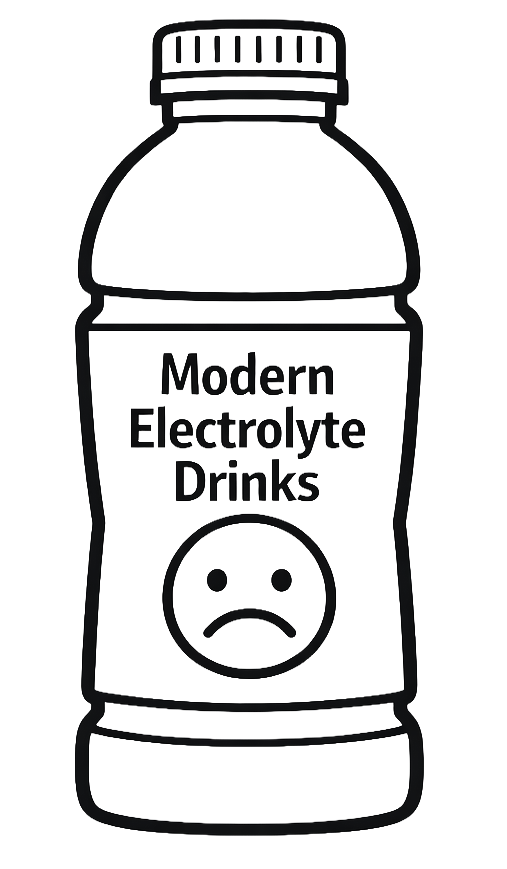 Line drawing of a plastic bottle labeled "Modern Electrolyte Drinks" with a sad face emoticon.