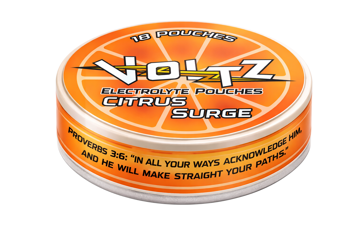 A container of Voltz electrolyte pouches in flavor Citrus Surge with Bible verse from Proverbs 3:6 on the side. The packaging looks like an orange slice.