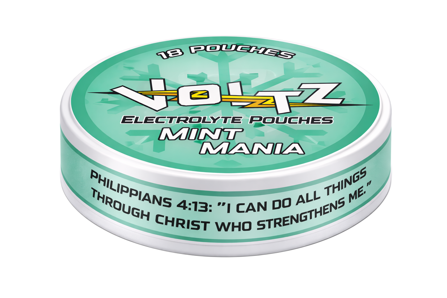 A container of Voltz electrolyte pouches in flavor Mint Mania with Bible verse from Philippians 4:13 on the side.