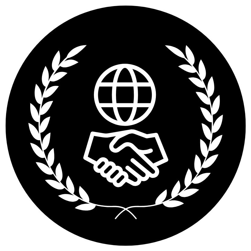 Icon of a globe and handshake surrounded by a laurel wreath, symbolizing international cooperation or diplomacy.