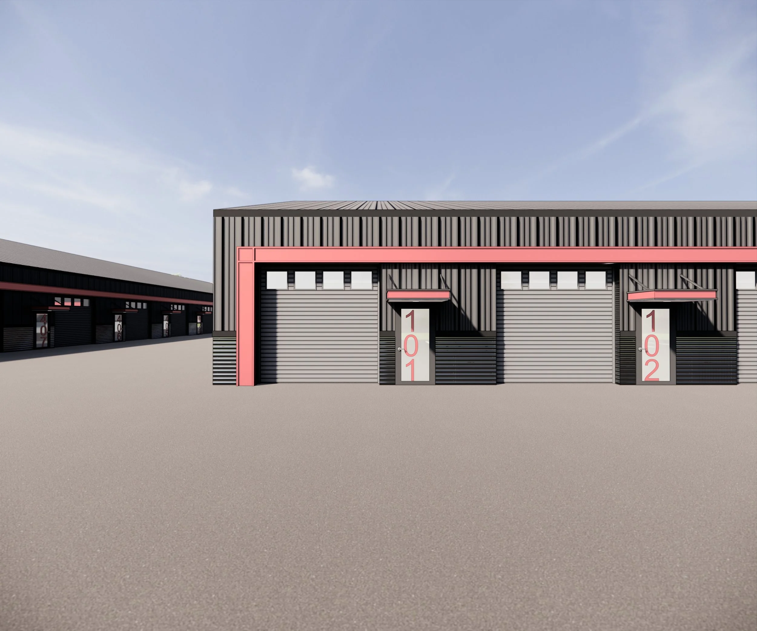 Industrial storage units with closed roll-up doors and numbered side doors, with a clear sky above.