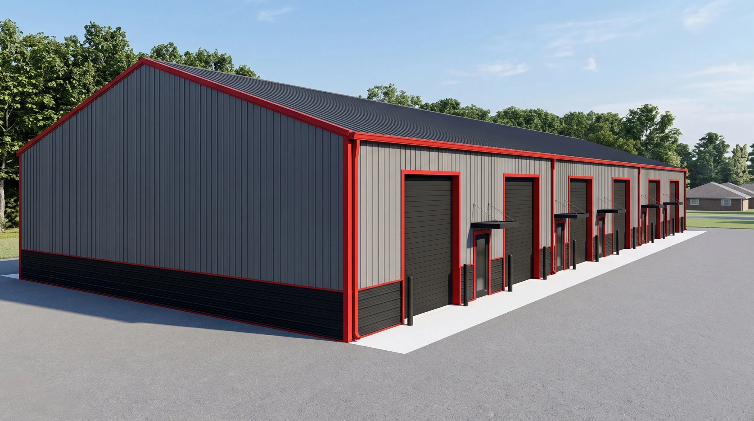 A modern warehouse building with gray corrugated metal walls accented with red trim and black garage doors, situated on a paved area with a grassy background and trees.
