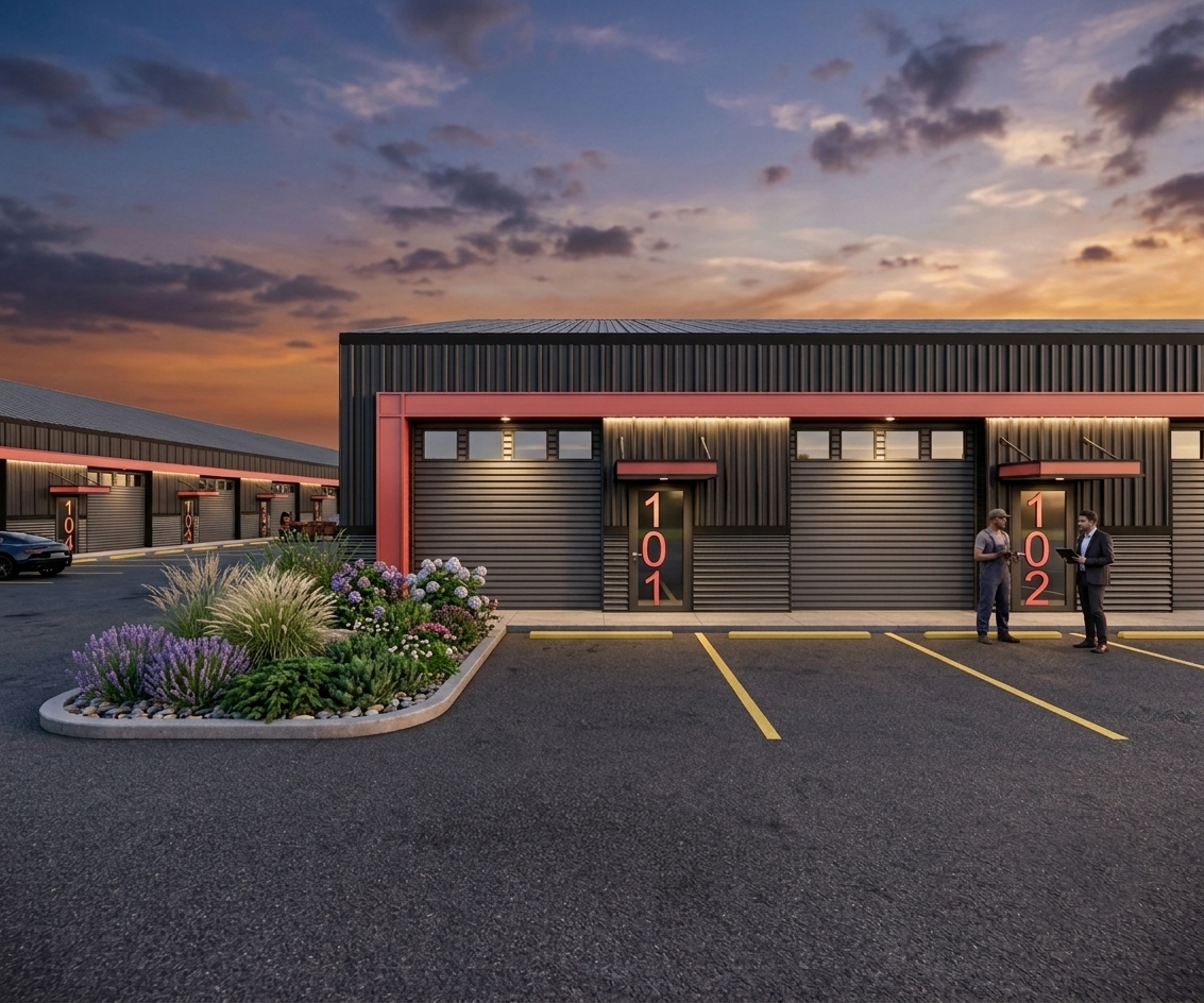 Modern commercial warehouse units with illuminated signage, numbered 101 and 102, at sunset with a landscaped parking lot and two people talking nearby.