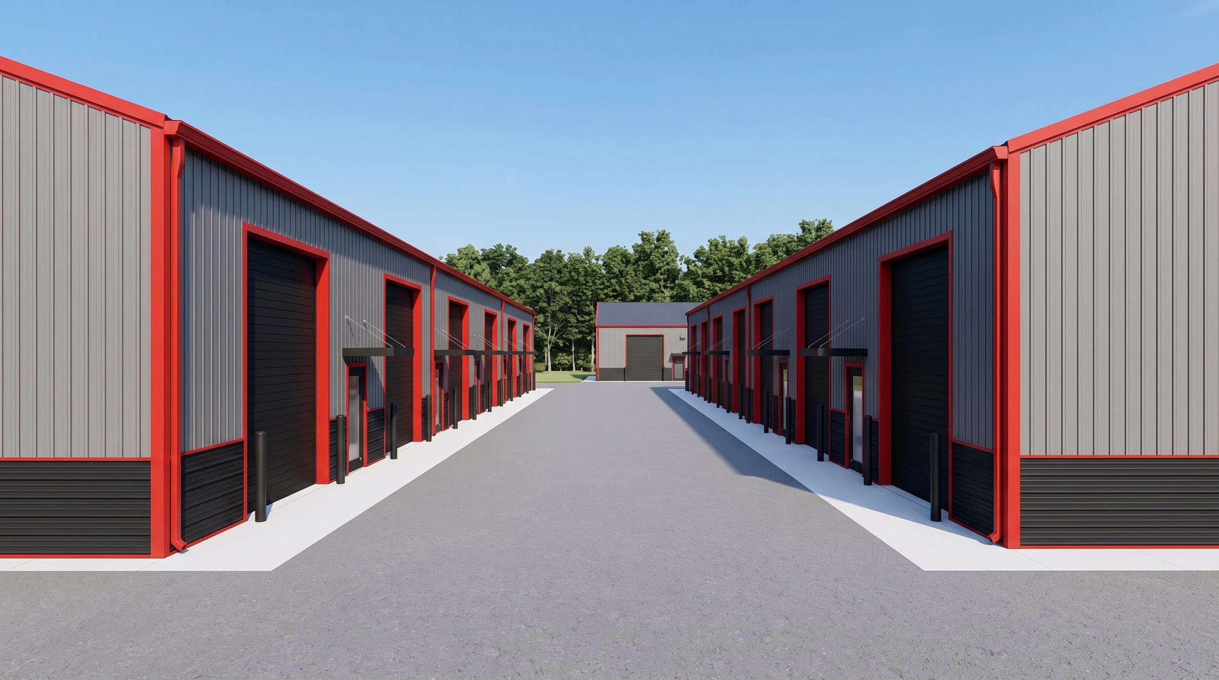 A row of modern storage units with gray and black walls accented with red trim, located in an outdoor storage facility, with a small building and trees in the background under a clear blue sky.