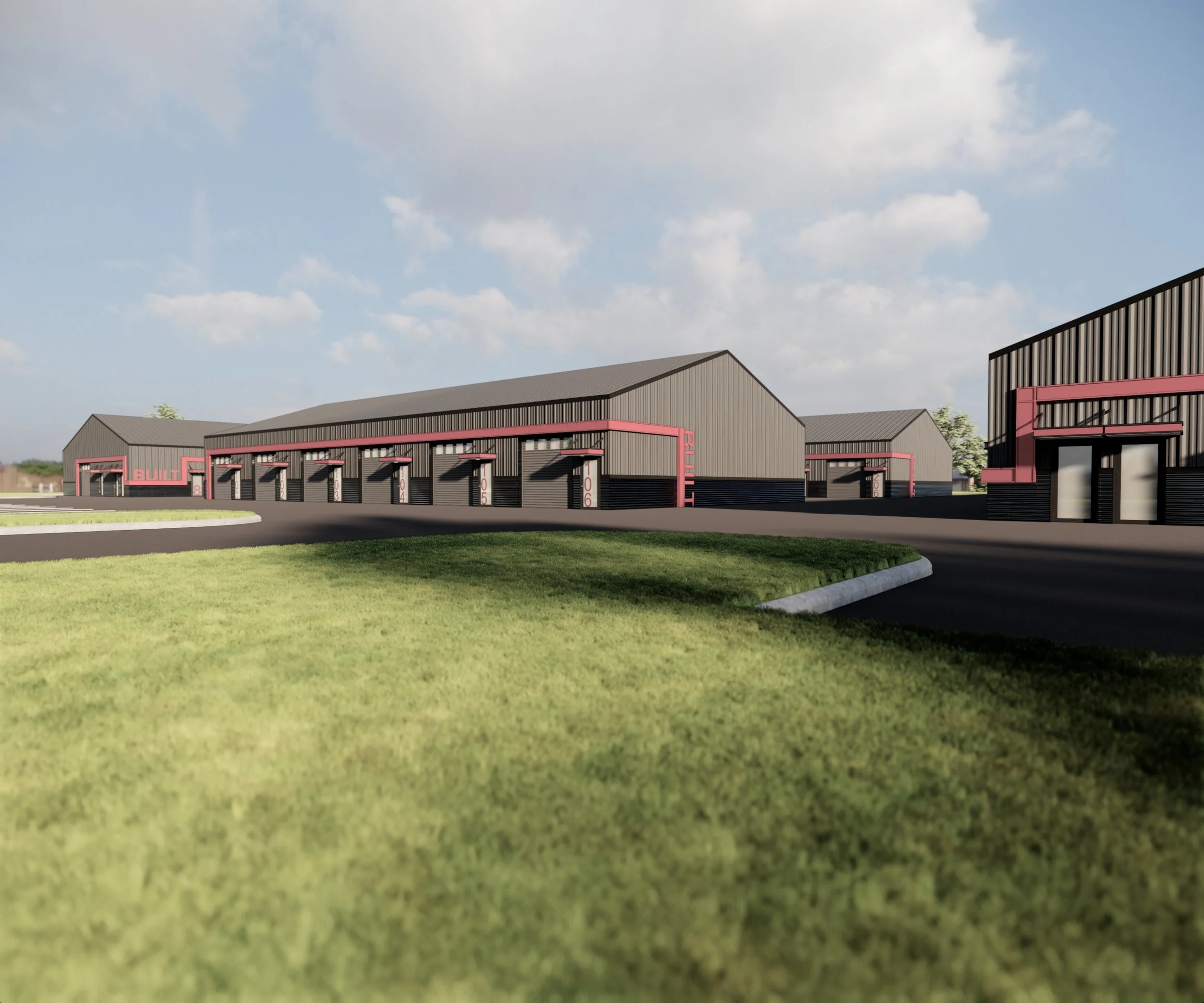 Rendering of a modern industrial warehouse complex with multiple connected buildings, black and gray exterior with pink accents, and designated loading dock areas.