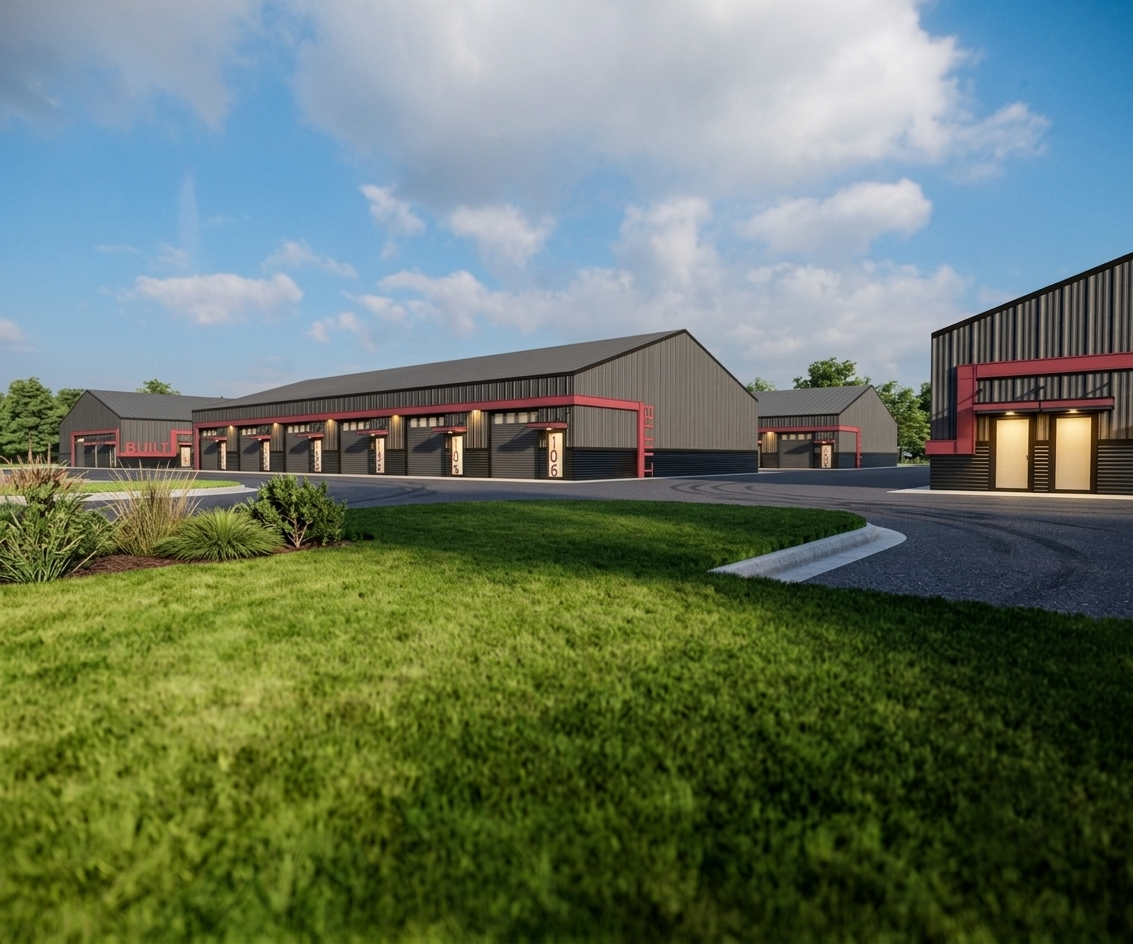 Artist's rendering of a commercial warehouse complex with multiple units, black exterior walls, red accents, and numbered doors, surrounded by green landscaping and a paved parking area under a partly cloudy sky.