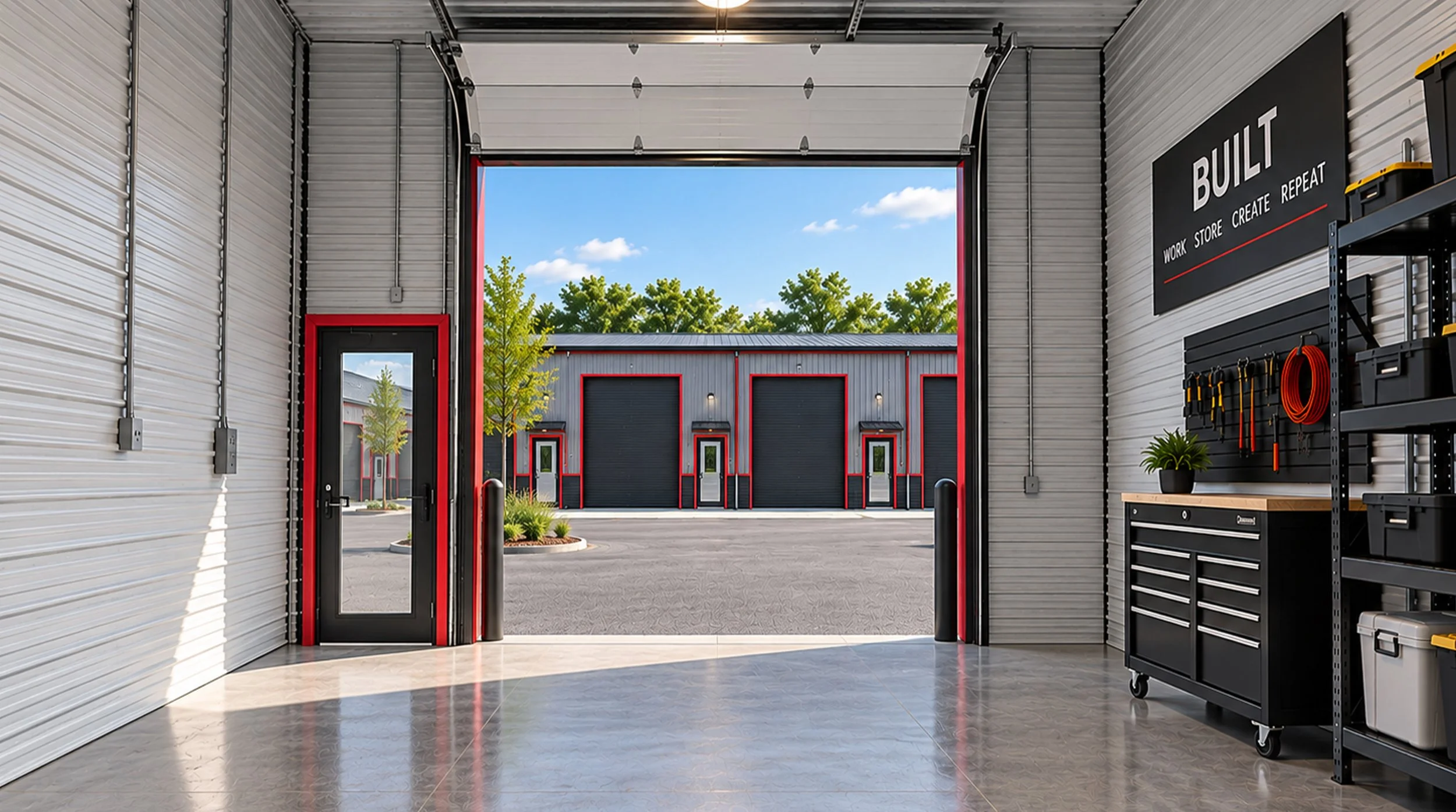 Interior of a modern garage with an open roll-up door showing a parking lot outside. The garage has a black and red color scheme with a sign that reads 'BUILT' and the words 'WORK STORE CREATE REPEAT.' Inside, there are tool shelves, a workbench, and a potted plant.