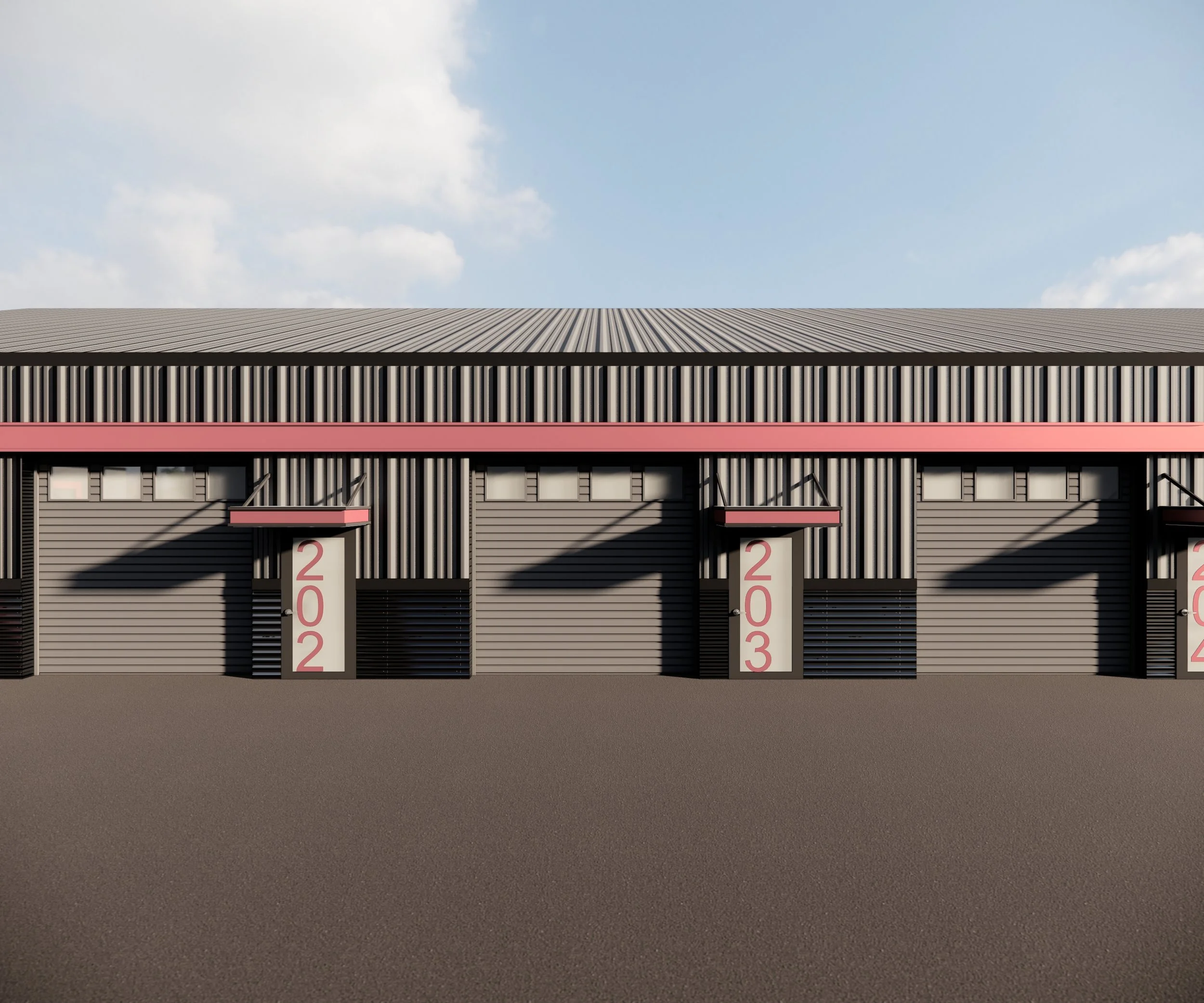 Industrial warehouse building with multiple garage doors, labeled 202 and 203, under a partly cloudy sky.