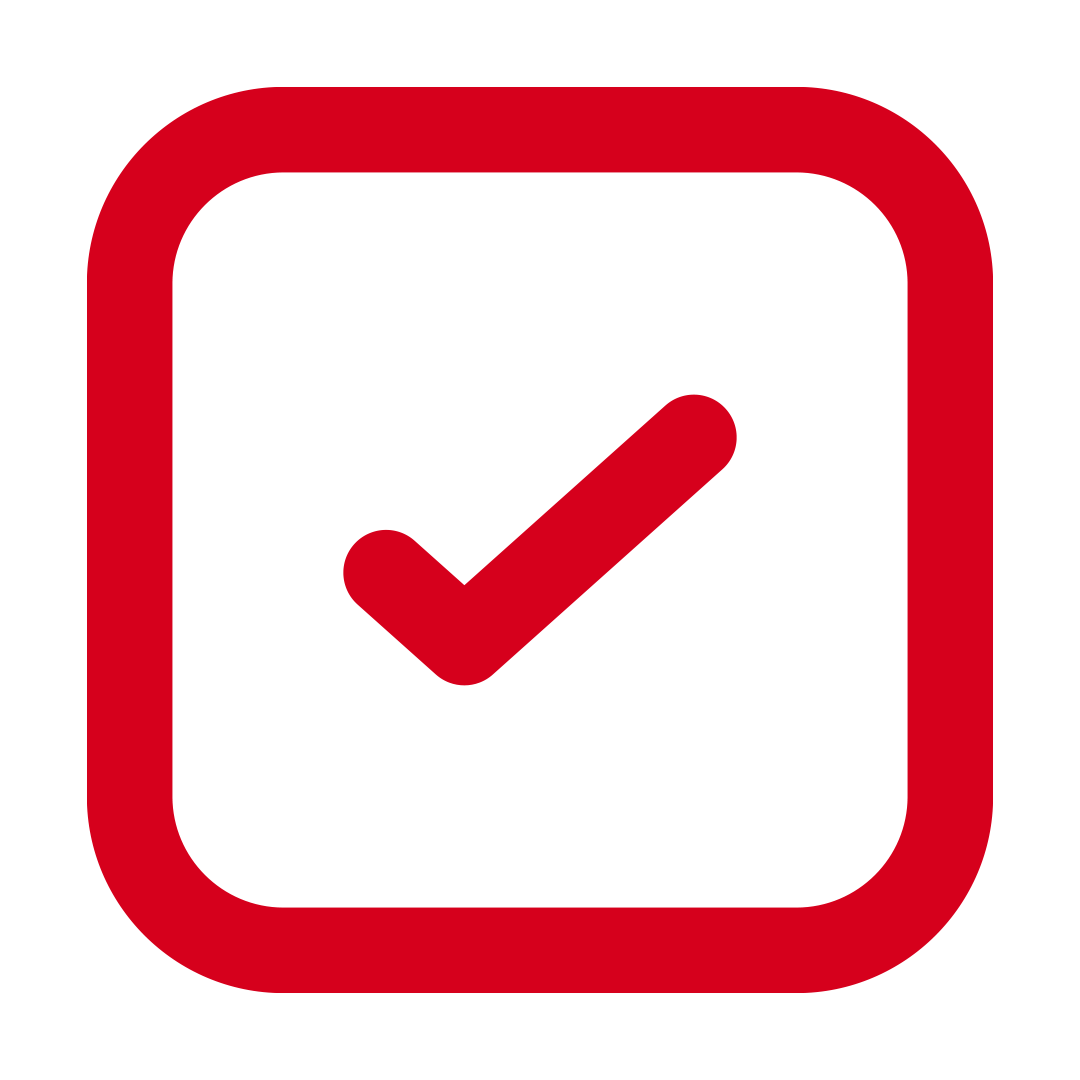 Red checkmark inside a rounded square outline, resembling a verification or confirmation icon.