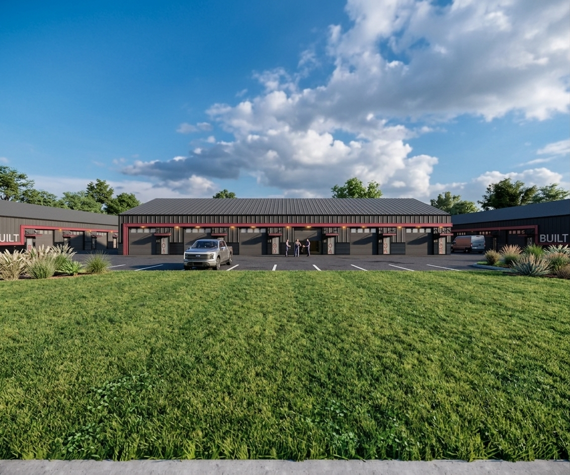 Modern commercial building with multiple garage bays, two cars parked outside, and a grassy area in the foreground under a partly cloudy sky.
