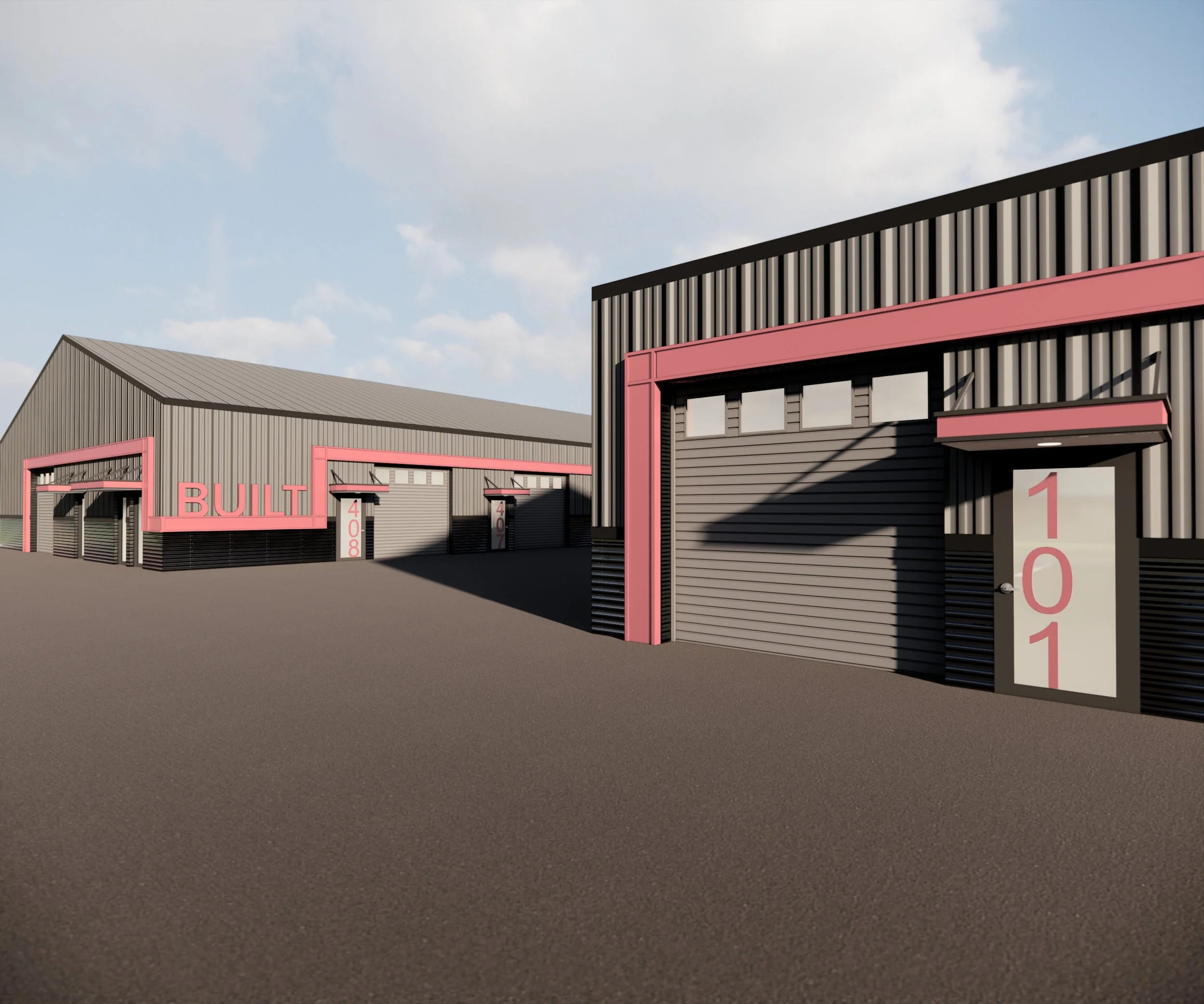 3 industrial buildings with metal siding, pink accents, and garage doors, numbered 101, 407, and 408, under a partly cloudy sky.