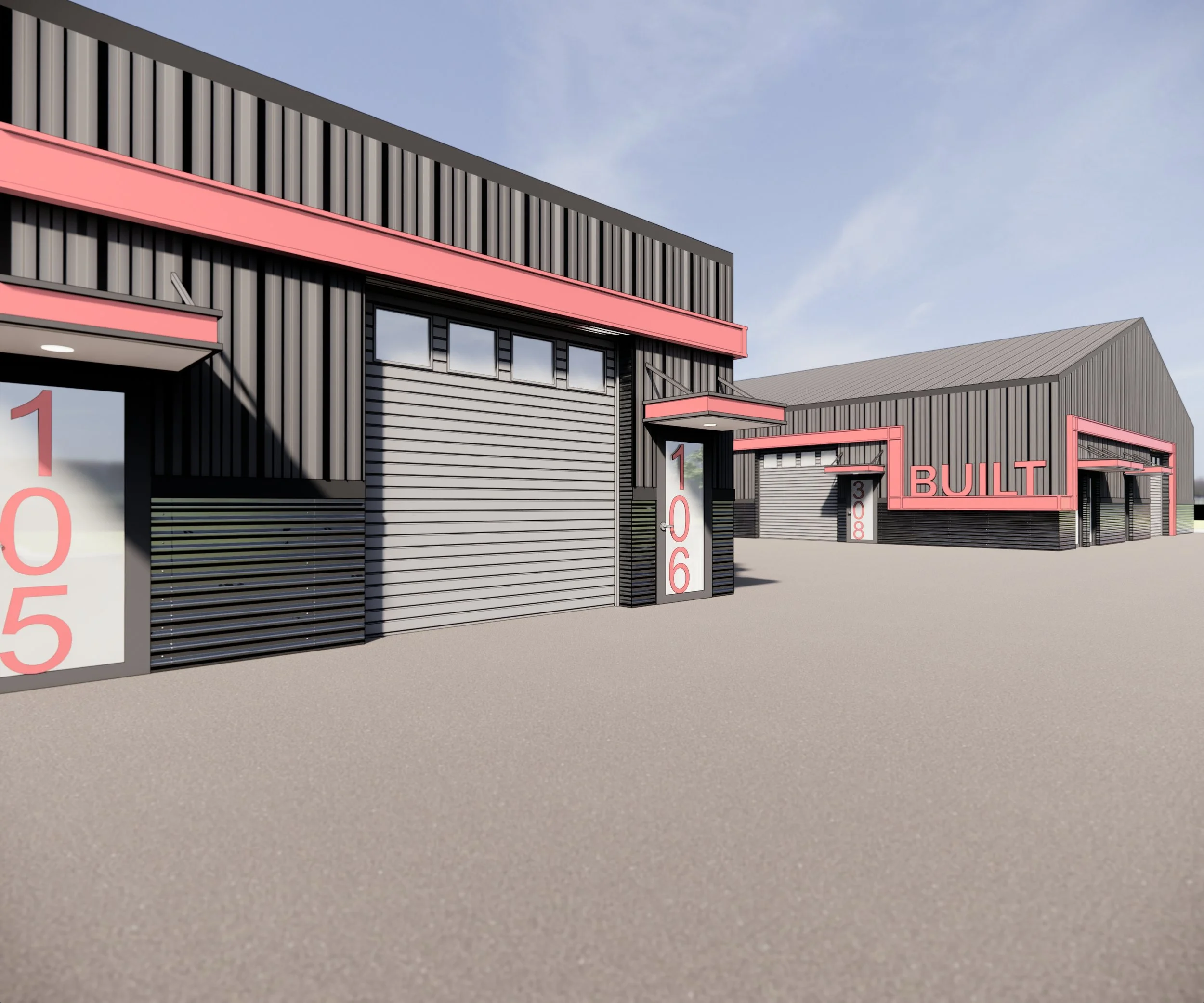 Digital rendering of modern industrial warehouse buildings with black and gray metal siding, pink accents, and multiple large garage doors, set against a clear sky.