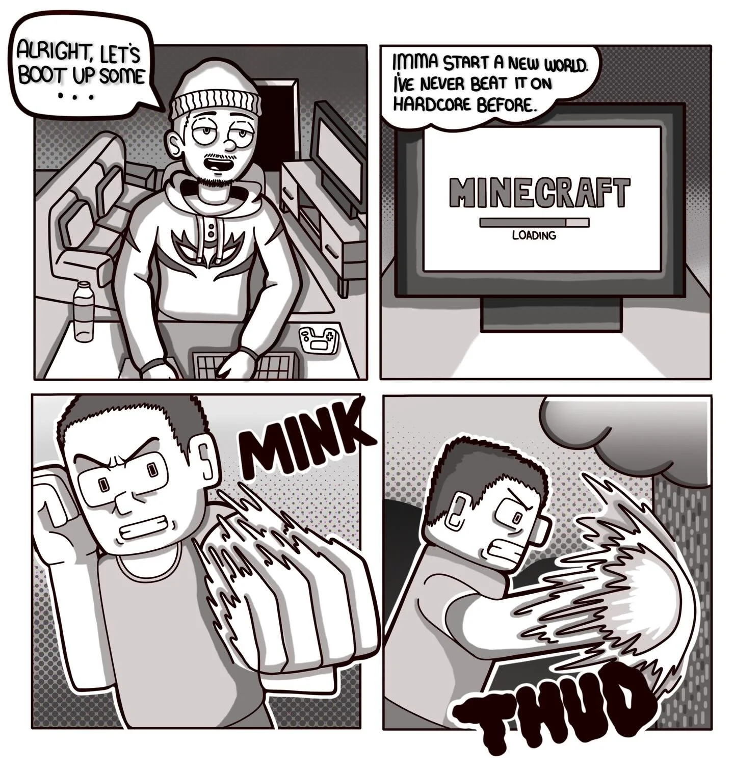 Comic strip about playing Minecraft on Hardcore only having one life in the game makes the gameplay a cautious run 😂 all storyboard and rendered digitally