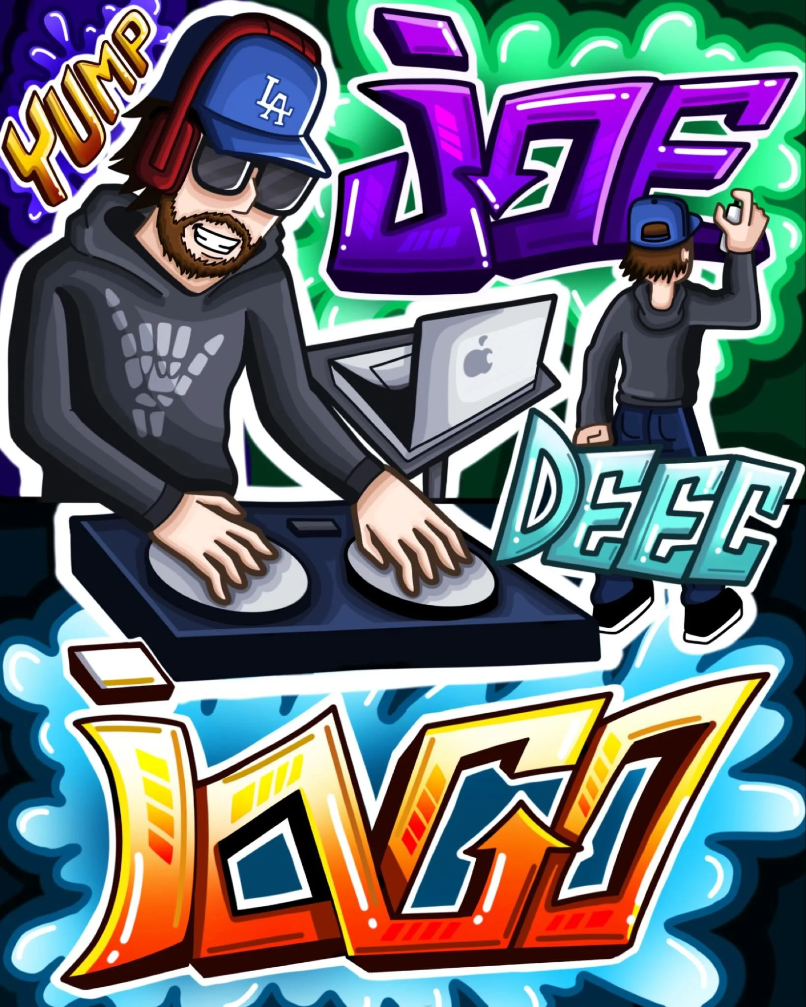 Decided to draw some art of @joeiaco from gaming, graffiti, DJing for joechella his content is always active and lit as hell🔥  Might make this a series as well cause it&rsquo;s such a fun process😁

#digitalart #somebros #youtuber #eezygang #graffit