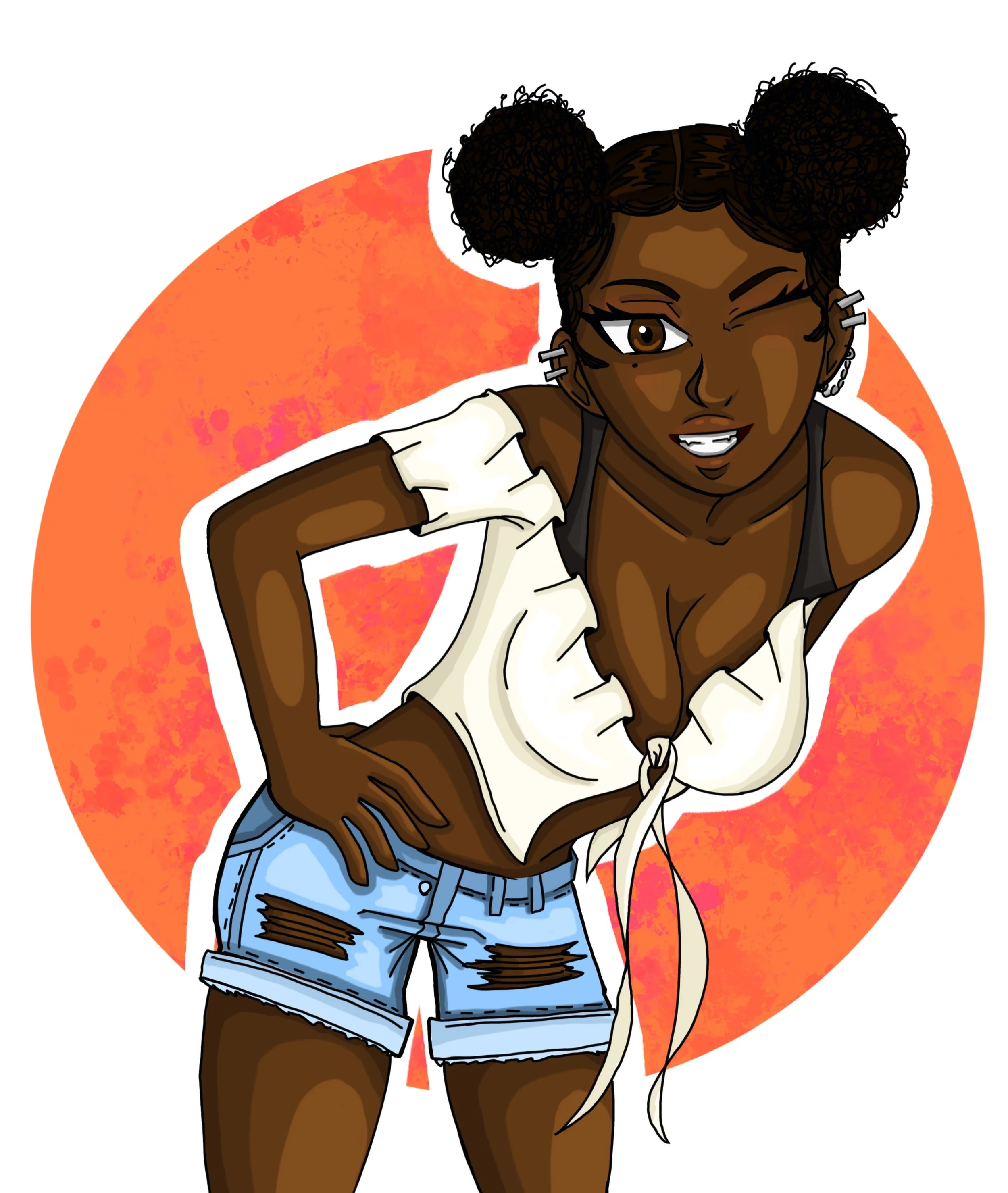 Random generated character design: A 5&rsquo; 1&rdquo; tall, bronze skinned woman with neutral, brown eyes, a rounded jaw, a stubby nose, small lips and large ears. She has a short torso with very large breasts, wide hips, and slender hands, has curl