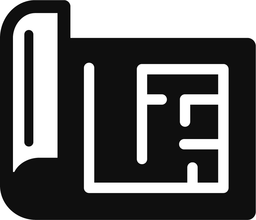 Geometric drawing of an outline square with sections divided by vertical, horizontal, and half circle lines.