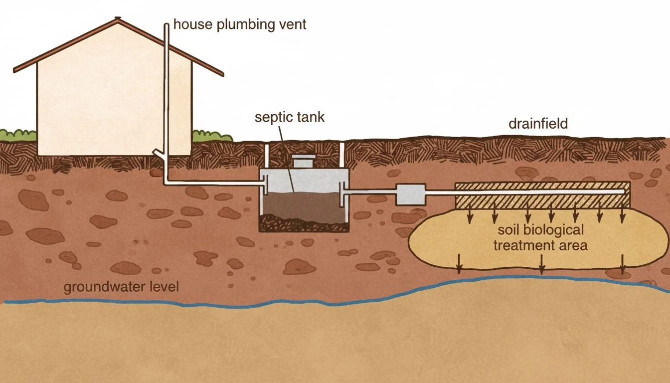 Diagram of a septic tank system showing house plumbing vent, septic tank, drainfield, and soil biological treatment area, with groundwater level depicted underground.