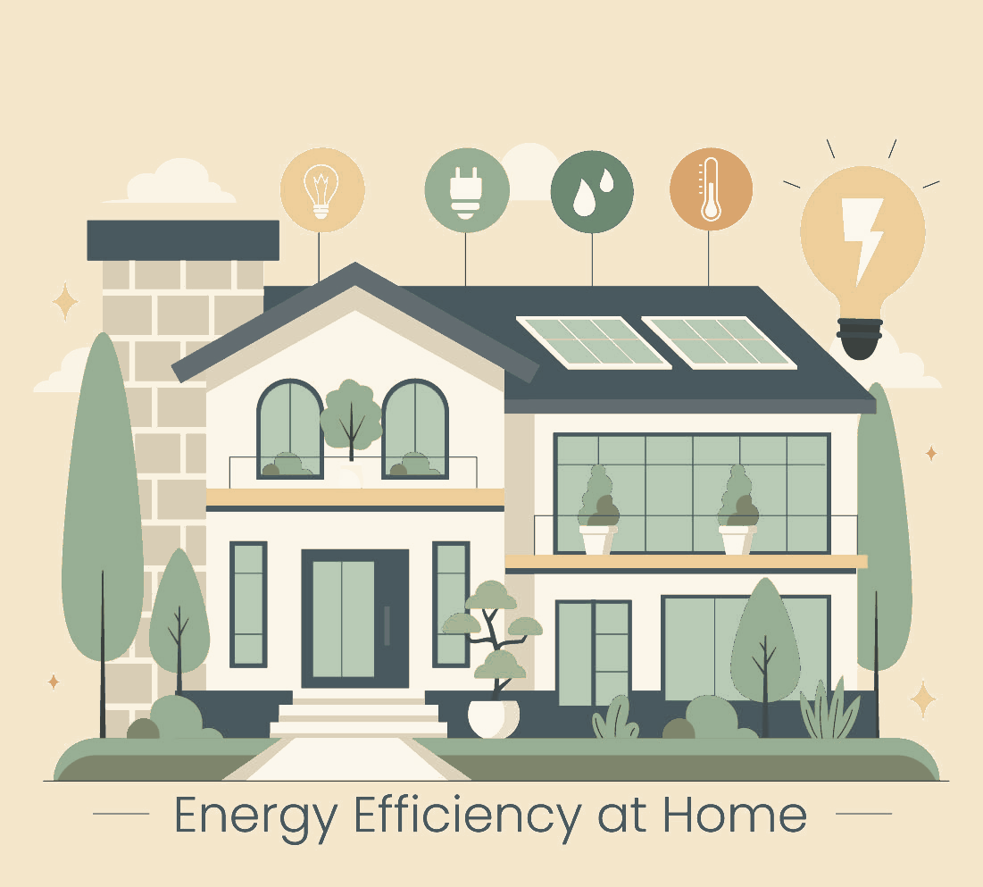 An illustrated house with solar panels on the roof and various icons representing energy efficiency, solar power, and sustainability above it. The house is surrounded by trees, bushes, and potted plants, with the text "Energy Efficiency at Home" below.