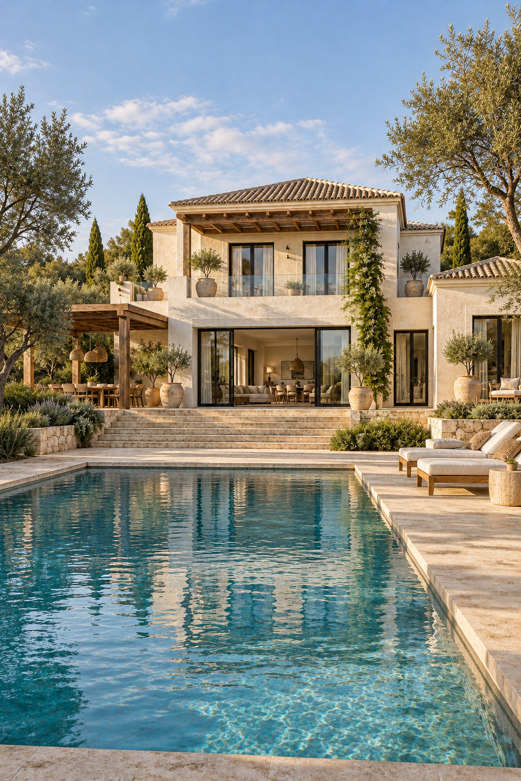 Illustrative Mediterranean villa with a swimming pool and landscaped terraces