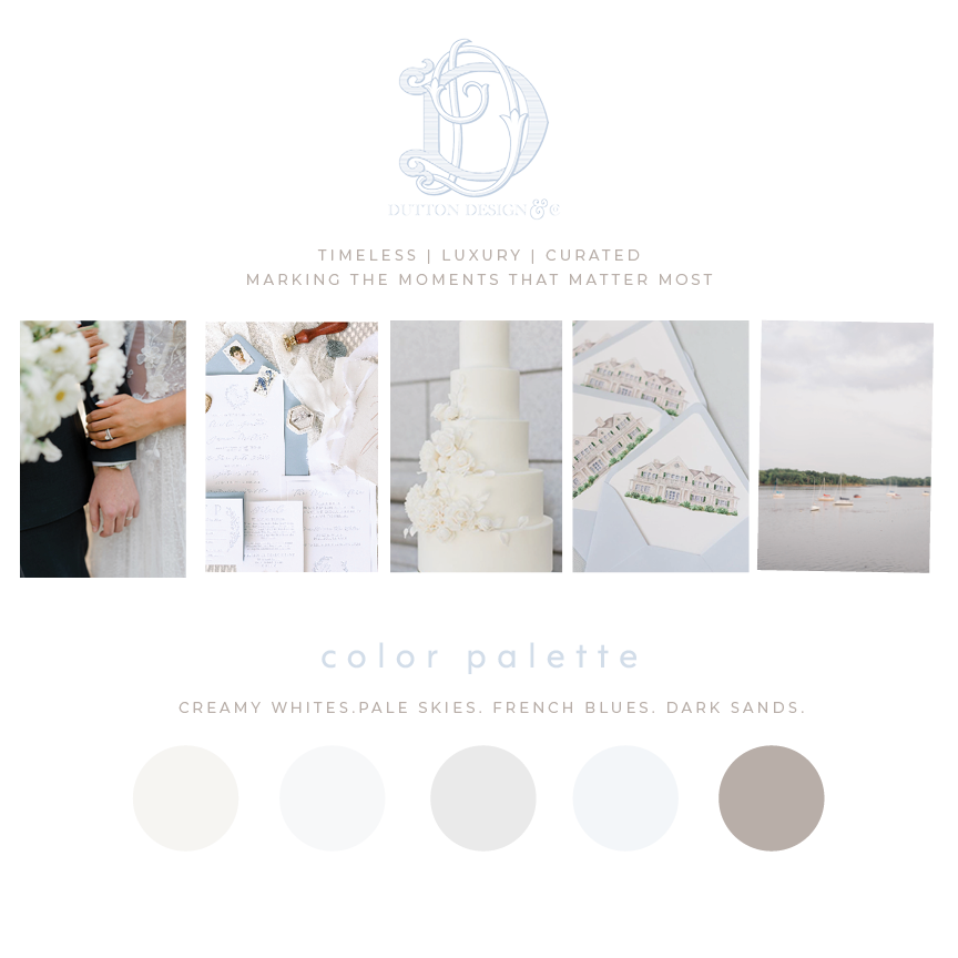 A collage of images related to a wedding, including a couple with wedding rings, wedding stationery, a white wedding cake, invitations with house illustrations, and a lakeside view.