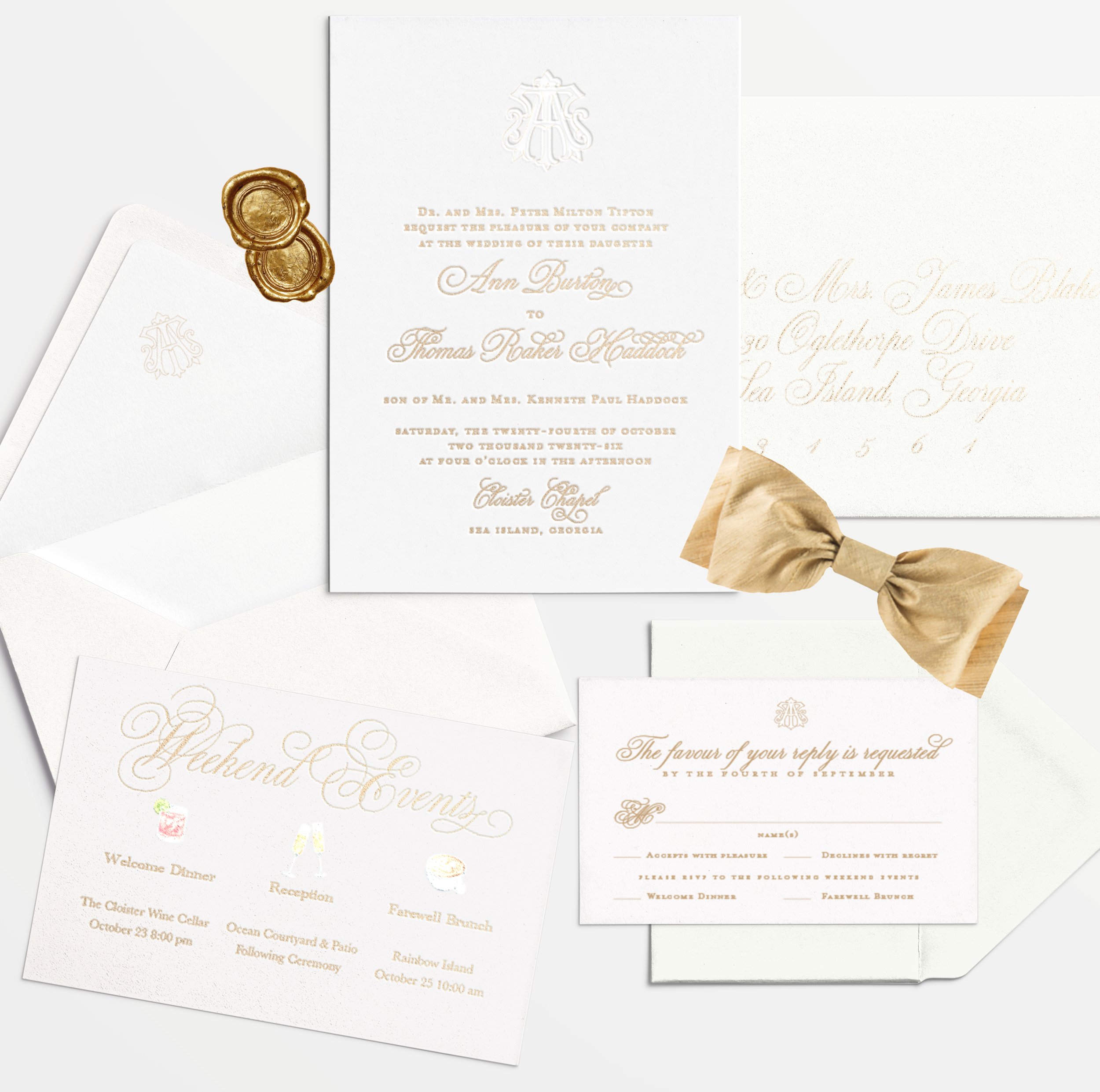 Wedding invitation cards with gold accents, a gold bow tie, and gold wax seals on a white background.