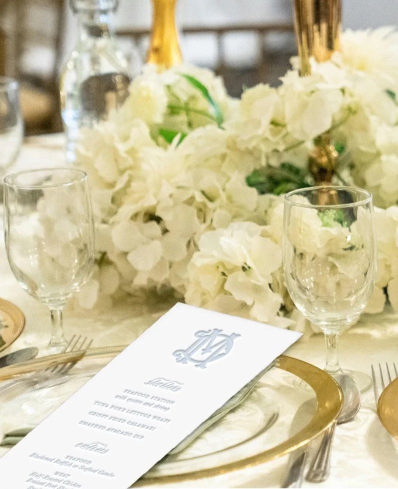 Coordinating Day Of Paper featuring custom designed letterpress menu card with monogram.