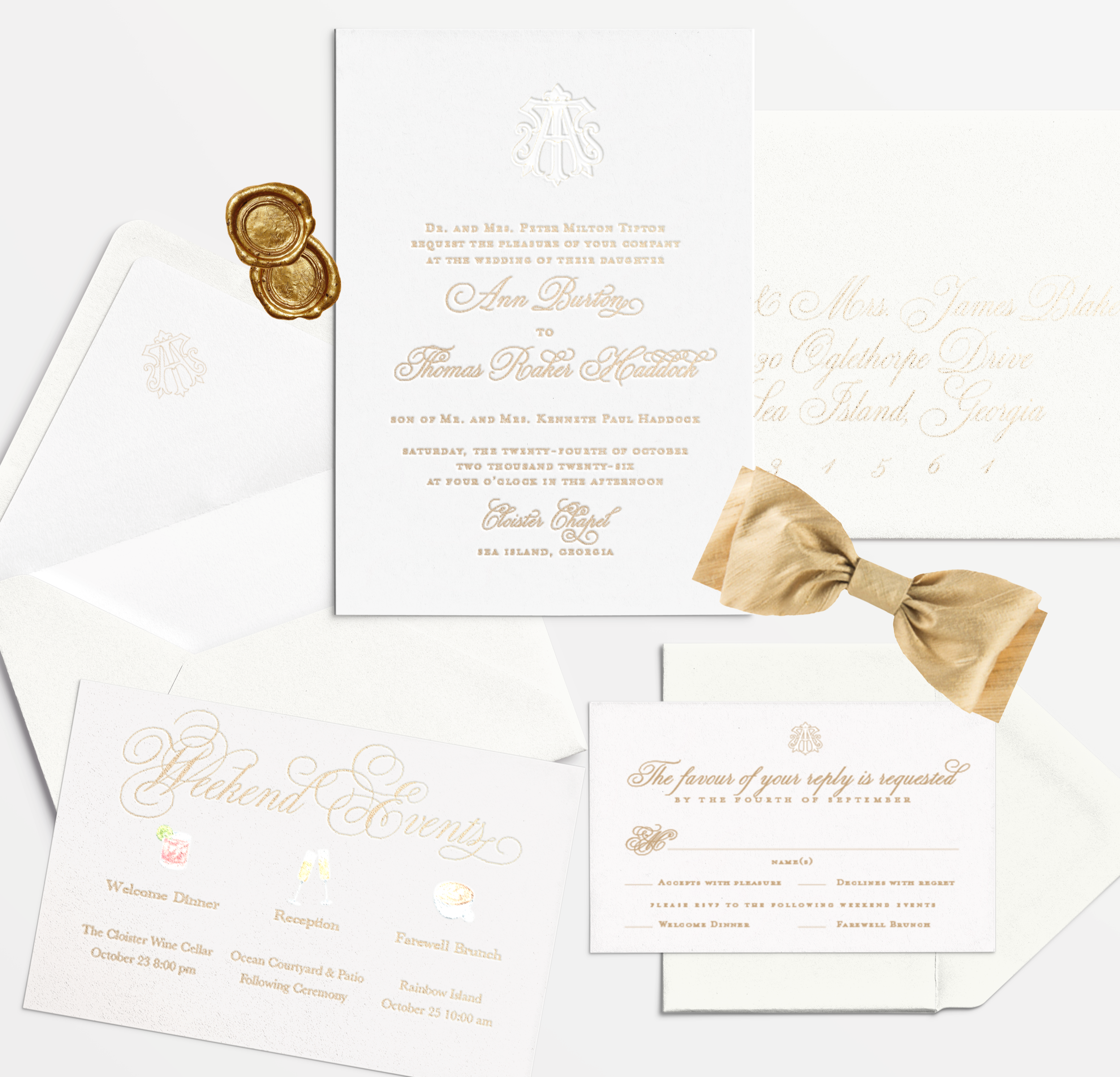 Elegant wedding invitation suite with cream-colored envelope, gold wax seals, and gold foil embossed couple's initials. The suite includes a wedding invitation, RSVP card, and weekend events card, all featuring delicate gold calligraphy and soft pastel icons, accented with a beige bow.