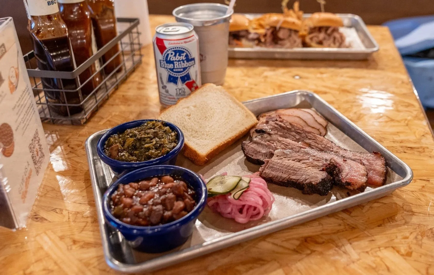 brisket, turkey, beans, greens bbq plate