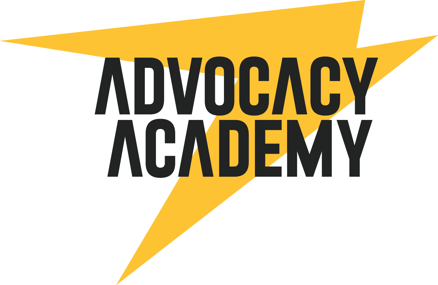 Logo of Advocacy Academy with large black text on a yellow lightning bolt background.