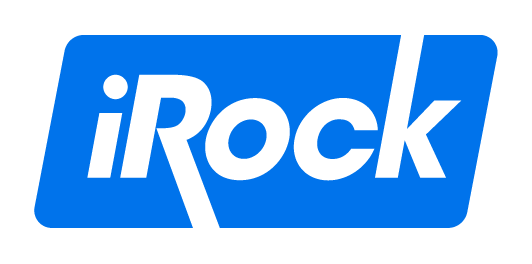 iRock logo in blue with black text on a blue background