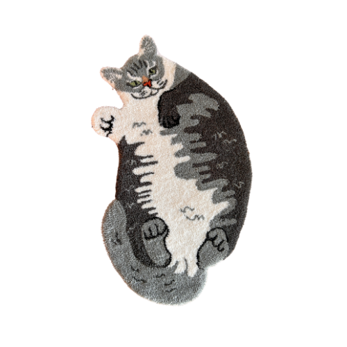 A plush rug in the shape of a gray and white cat lying on its back with paws up.