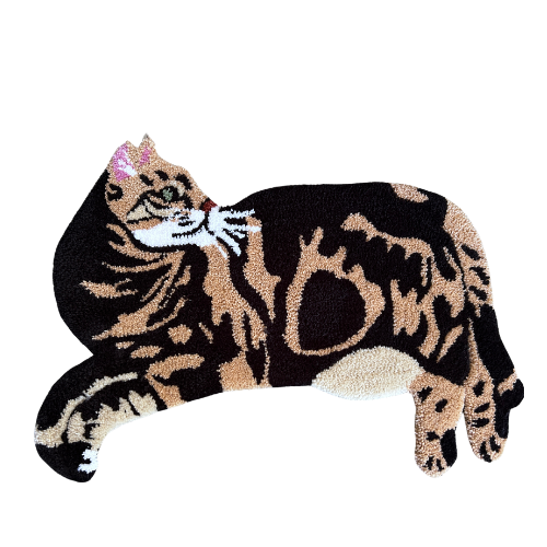 A decorative rug featuring a stylized image of a cat lounging on its side