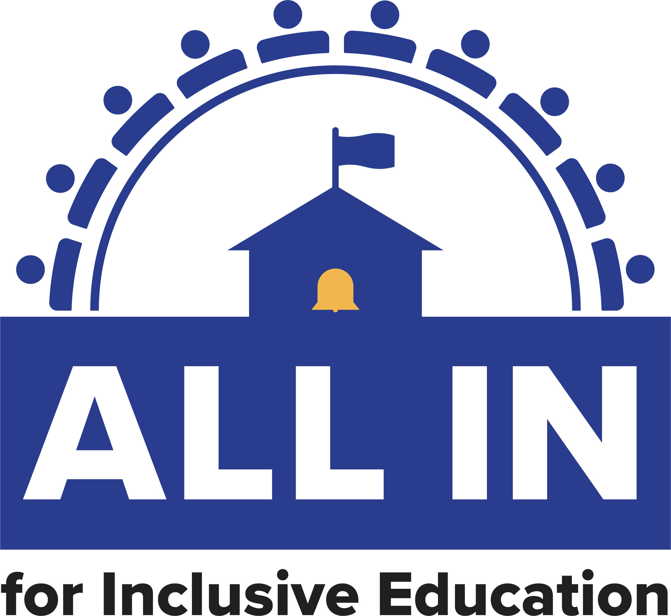 Blue and white logo depicting a school with ALL IN in white and for Inclusive Education along the bottom in black.